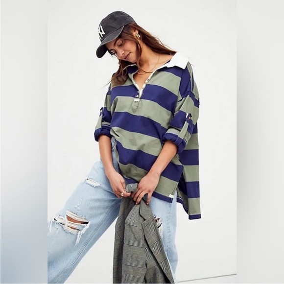 Free People Peyton Rugby Tee in Army Navy Combo - Picture 1 of 7
